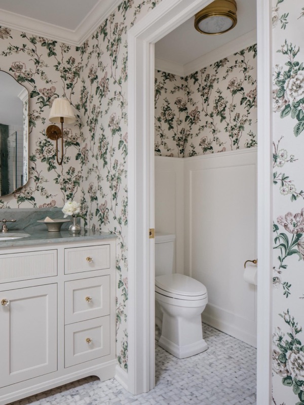 Bathroom with floral wallpaper · from the Leah Phillips Interiors studio journal