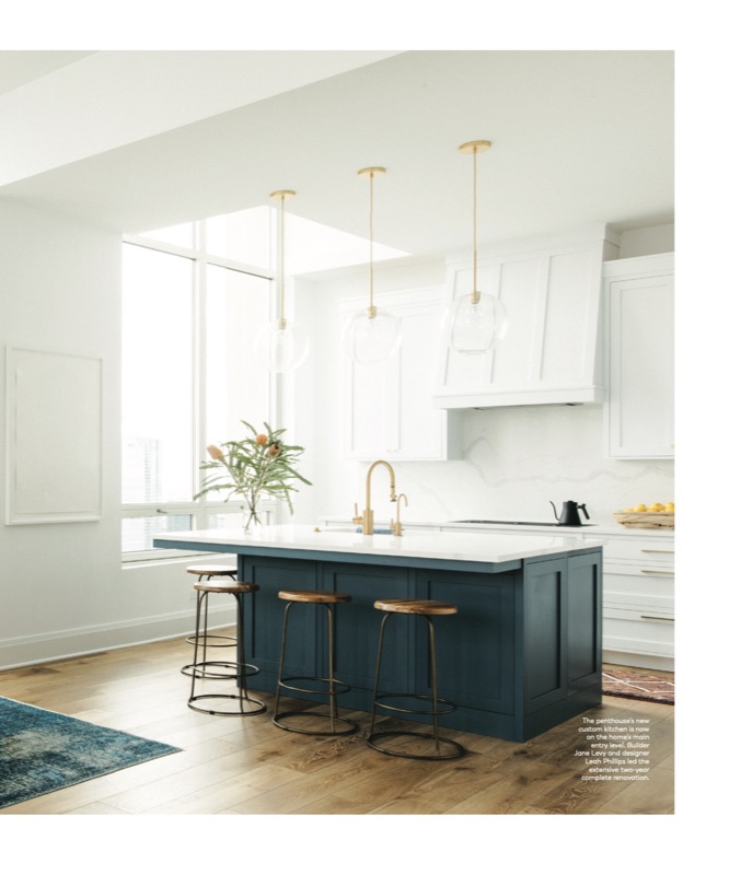 Magazine feature page: white kitchen with blue island by Leah Phillips Interiors