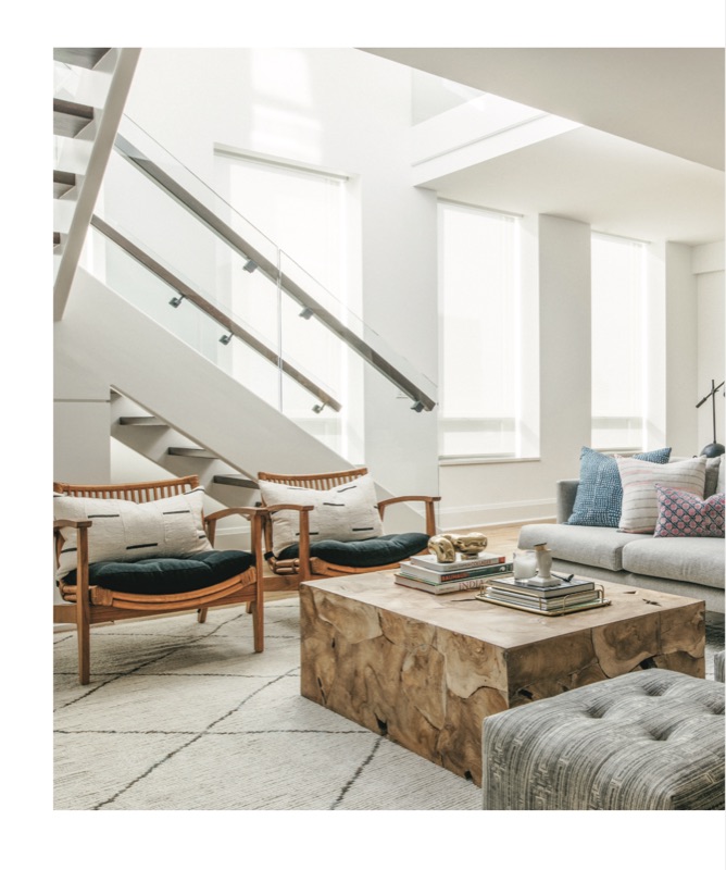 Magazine feature page: sunlit living area with tufted ottoman
