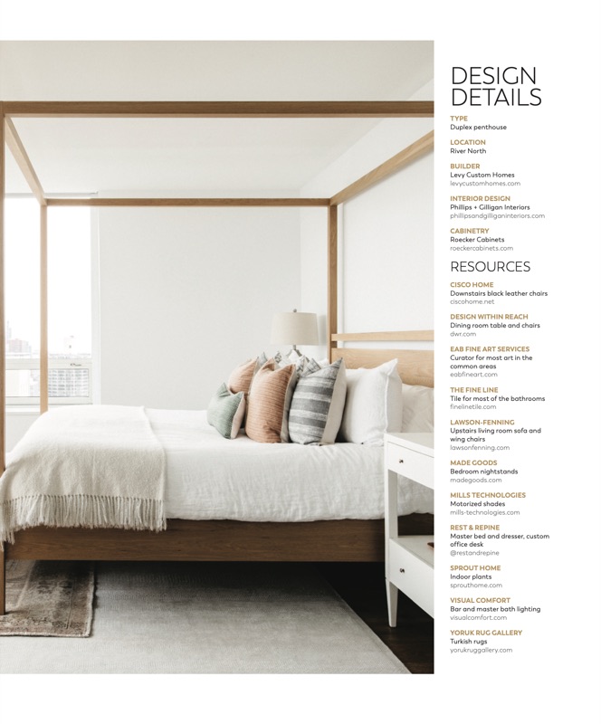 Magazine feature page: bedroom with canopy bed and design resources