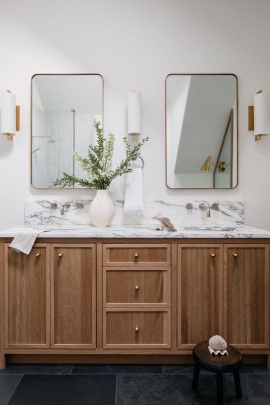 Double oak vanity with mixed metal finishes · Bathroom Renovations by Leah Phillips Interiors