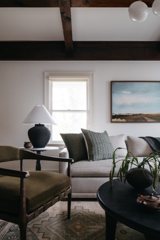 Family room seating with olive accent chair and black table · Downers Grove Main Level Renovation by Leah Phillips Interiors