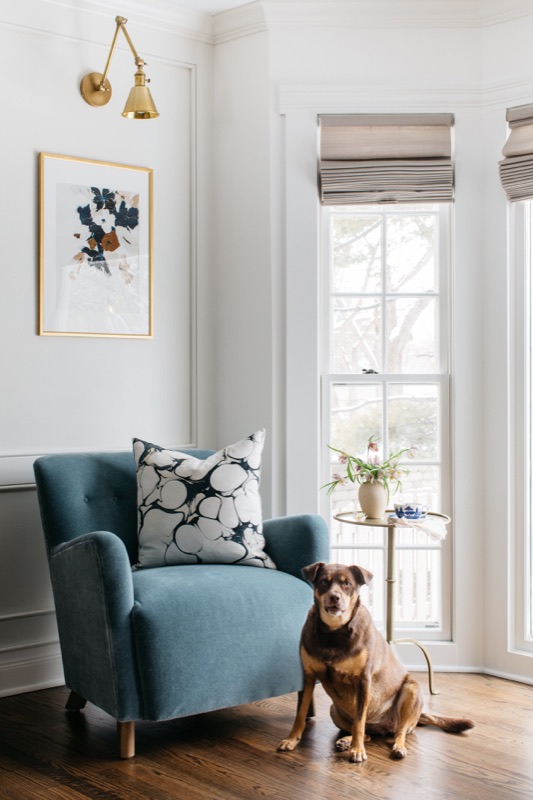 Reading corner with blue wingback chair and family dog · Glen Ellyn Main Level Renovation