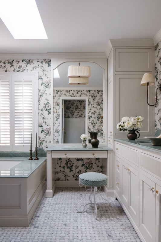 Primary bathroom vanity wall with green quartzite counters · Glenview Main Level Renovation by Leah Phillips Interiors